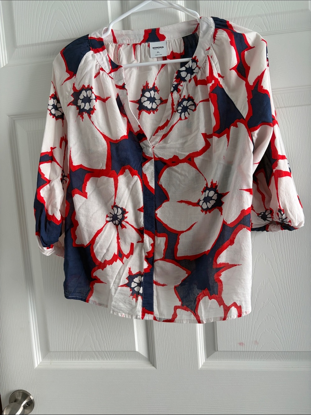 Sonoma White Floral Blouse with Navy & Red Accents
